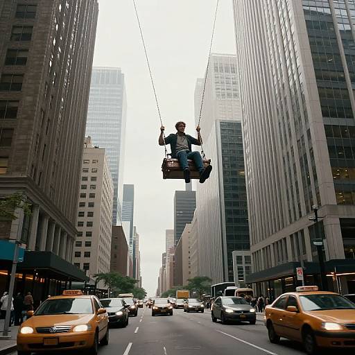 Photograph of a man in a harness swinging between tall skyscrapers in a busy urban street, surrounded by yellow taxis.