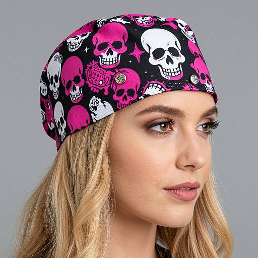 Photograph of a blonde woman with light skin, wearing a pink and black skull-patterned bandana, against a plain gray background.