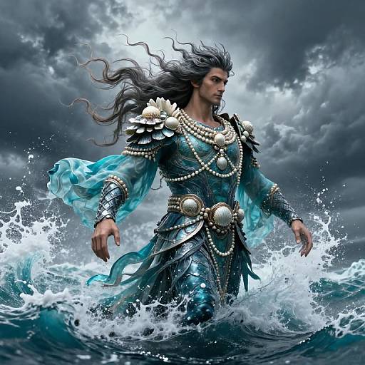 Digital art: Muscular, dark-haired man with flowing hair, wearing ornate blue armor and pearls, standing in turbulent ocean waves under stormy sky