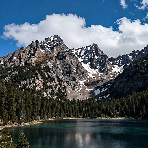Photograph of a stunning mountain range with snow-capped peaks, dark green pine forest, and a calm, reflective lake under a bright blue sky with