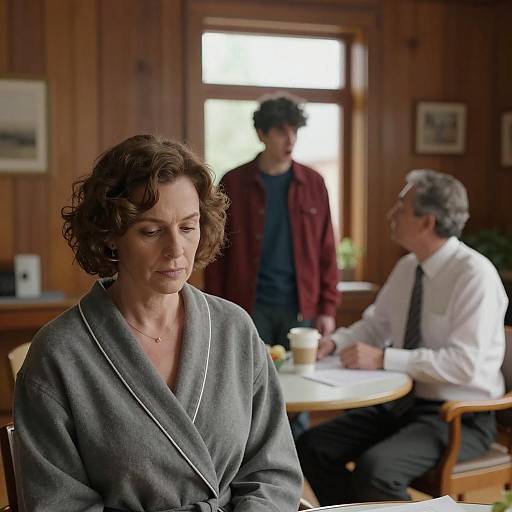 Pensive Woman in Gray Robe with Two Men in Wood-paneled Room