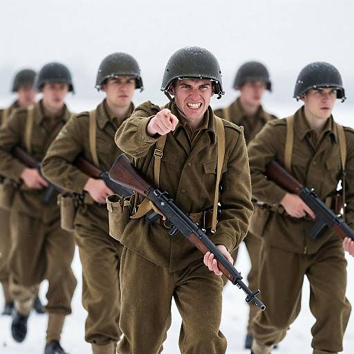 Soldiers Advancing Through Snowy Battlefield