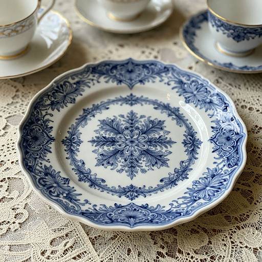Vintage Blue and White Porcelain Plate with Tea Cups