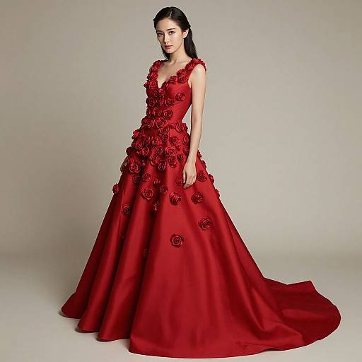 Photograph of a slender woman with fair skin and dark hair in a red, floor-length gown with floral embellishments, standing against a plain gray background