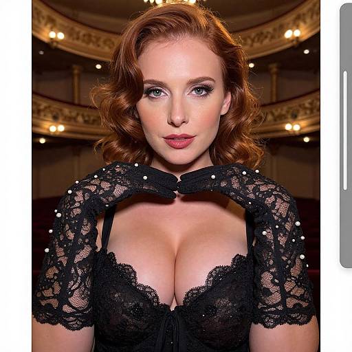 Photograph of a fair-skinned, red-haired woman with blue eyes, wearing a black lace dress with deep neckline, standing in an ornate,