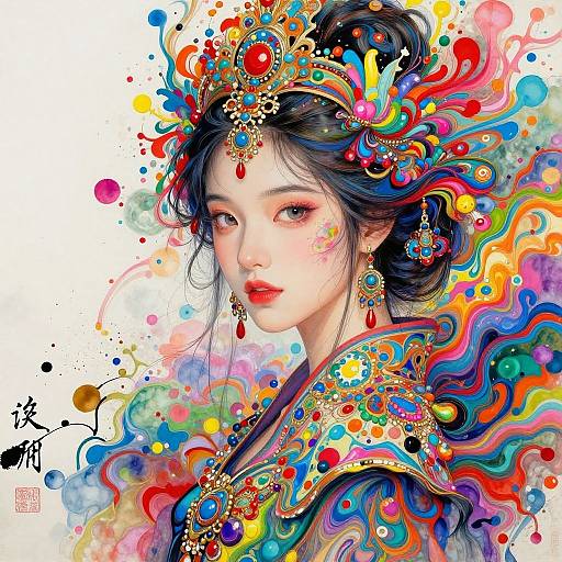 Digital art of an Asian woman with intricate, colorful, abstract patterns on her hair, jewelry, and clothing, blending vibrant colors and splatters.