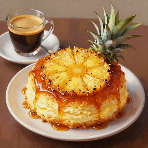 Photograph of a golden-brown, pineapple-topped dessert with caramel sauce, beside a glass of espresso on a white plate, with a small pineapple