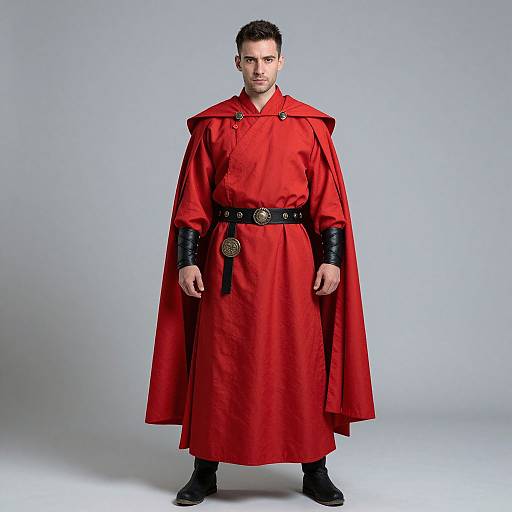 Photograph of a man with short dark hair, wearing a red medieval-style robe with black leather arm cuffs and belt, standing against a plain gray background