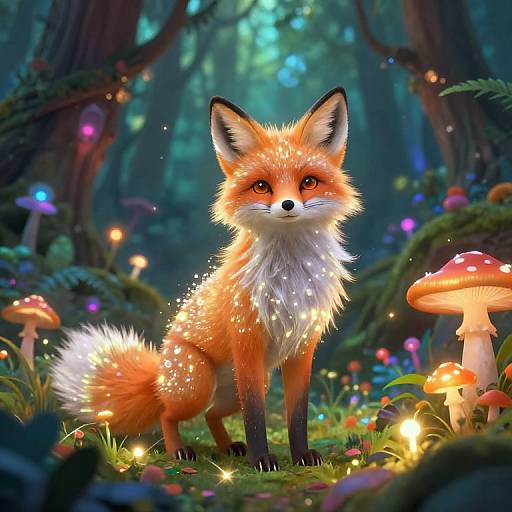 Digital artwork of a glowing, orange-red fox with sparkling fur standing in a magical forest filled with glowing mushrooms and colorful fireflies.