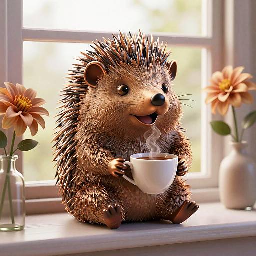 CGI image of a cute, smiling hedgehog with brown and white fur, holding a steaming white cup, sitting on a windowsill with two