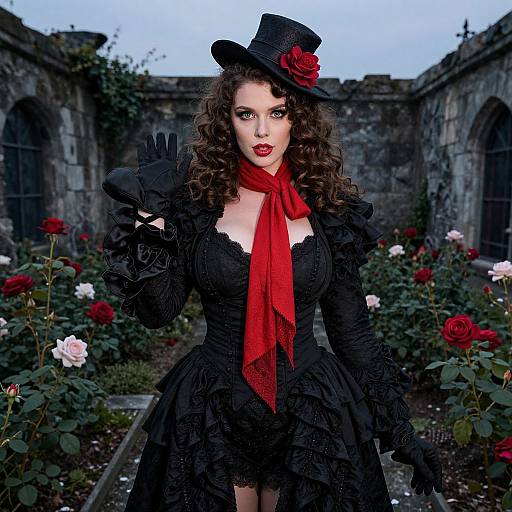 Gothic Victorian woman in black lace dress, red scarf, black gloves, top hat with red rose, standing in overgrown rose garden. Photograph