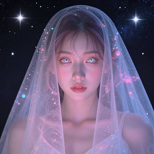 Digital portrait of a fair-skinned woman with piercing blue eyes, wearing a translucent, star-illuminated veil, set against a dark, star