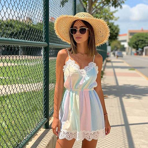 Photograph of a slim woman in a white lace-trimmed sundress, wide-brimmed straw hat, and sunglasses, standing by a chain