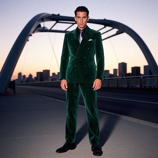 Photograph of a serious man with short black hair, wearing a dark green velvet suit, black tie, standing on a bridge at sunset, city skyline