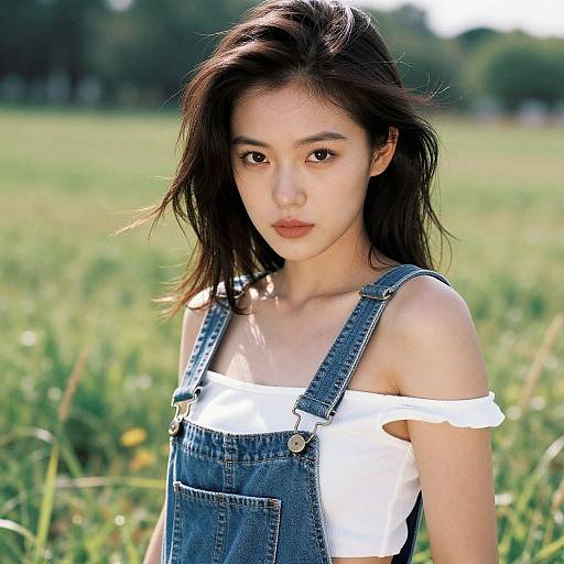Photograph of an Asian young woman with long, dark brown hair, wearing denim overalls over an off-shoulder white top, standing in a