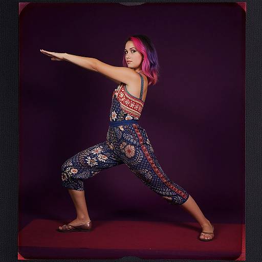 Photograph of a woman with pink and purple hair, wearing a floral-patterned blue jumpsuit, striking a dynamic martial arts pose against a dark purple