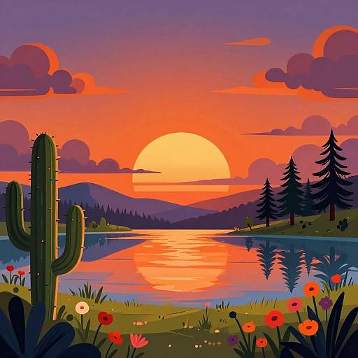 Digital illustration of a vibrant sunset over a reflective lake, featuring a cactus in the foreground, colorful flowers, and pine trees, with a glowing orange