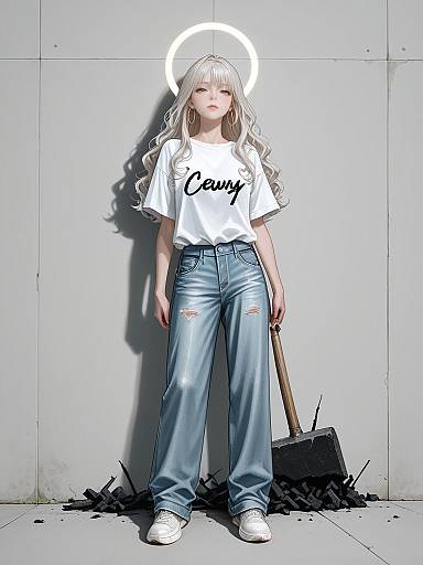 Digital anime-style drawing of a pale-skinned girl with long white hair, halo, white 