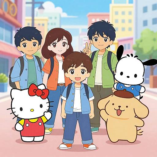 Digital anime-style illustration of a family with four children and two Hello Kitty plushies in a colorful, sunny street.