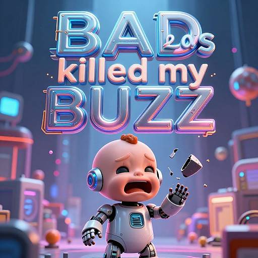 CGI image of a crying robotic baby with a small mohawk, holding a broken black cube, under 