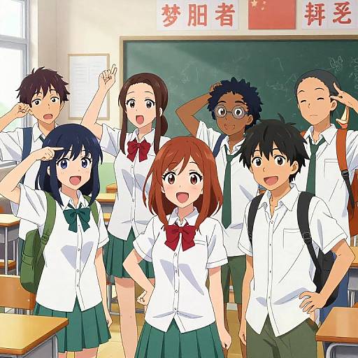 Anime-style classroom scene with six cheerful high school students in white shirts and green skirts, standing in front of a chalkboard with Chinese characters. Bright,