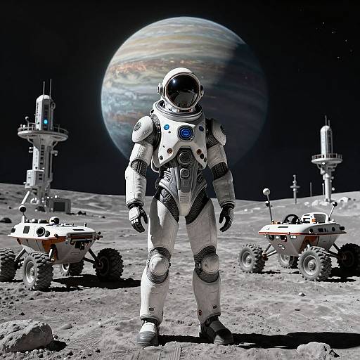 Photorealistic image of an astronaut in a white spacesuit standing on a moon-like surface with two rovers, two towers, and a large planet