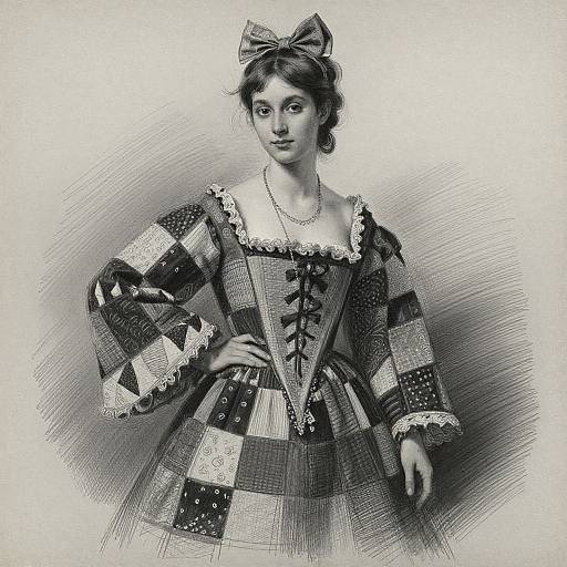 Black-and-white pencil drawing of a young woman with a bow in her hair, wearing a checkerboard-patterned, lace-trimmed Renaissance-style dress