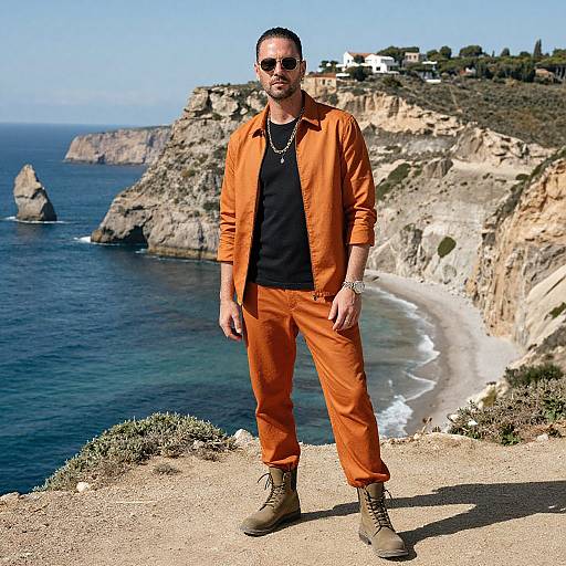 Photograph of a man with short hair, sunglasses, black shirt, orange pants, brown boots, standing on a coastal cliff overlooking a beach and blue