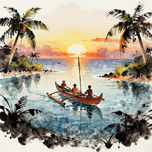 Rimpa Style Polynesian Canoe Sunset
