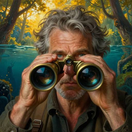 Digital artwork of an older man with gray, curly hair and beard, wearing a green shirt, holding binoculars underwater in a vibrant, yellow-le