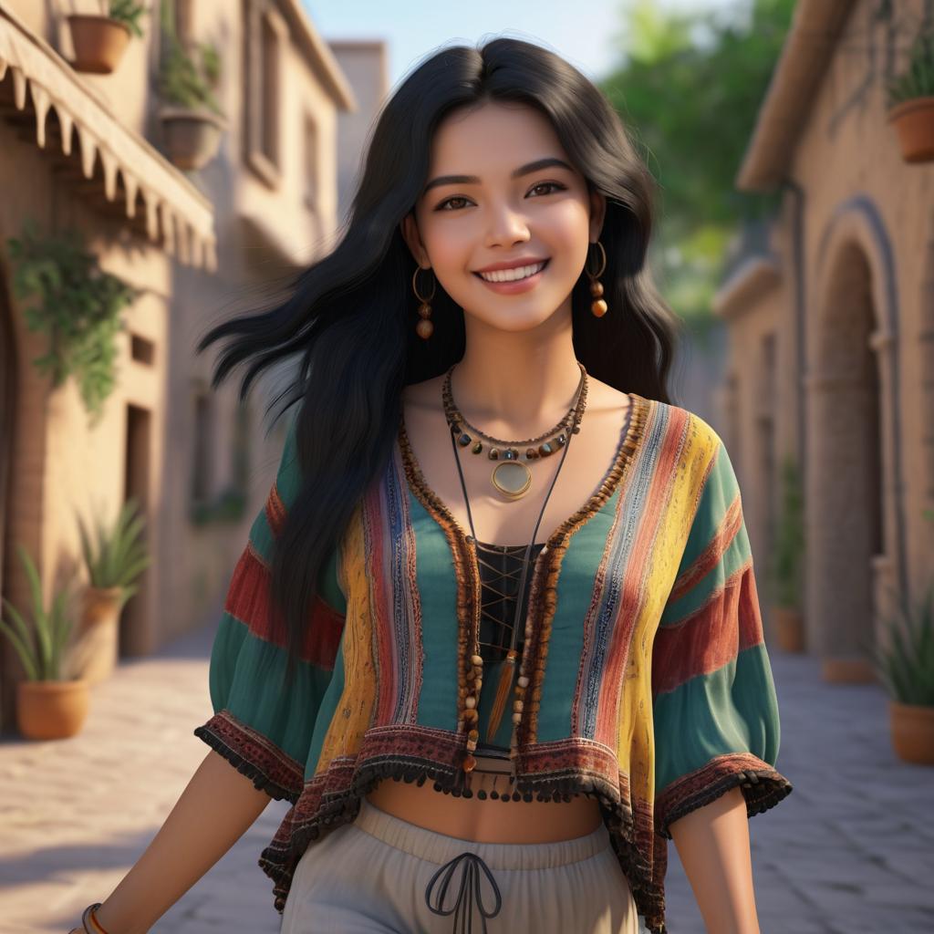 Joyful Young Woman in Bohemian Style