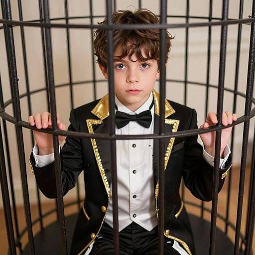 Boy in Fancy Dress Cage Portrait