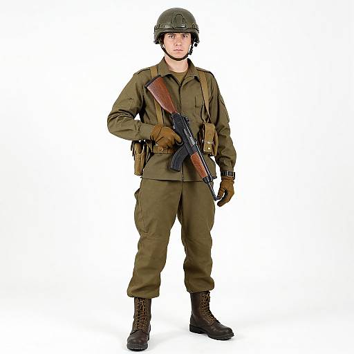 Photograph of a young male soldier in olive green military uniform, helmet, brown gloves, boots, carrying a rifle, white background.