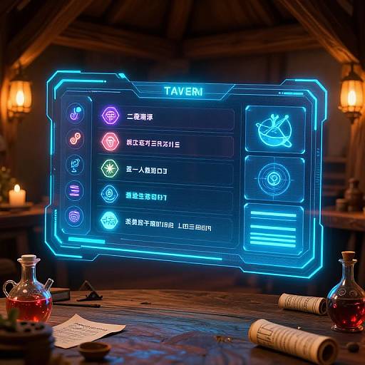 Glowing neon blue holographic interface with icons and Chinese text, floating above a dimly lit wooden table with candles, glass bottles, and rolled