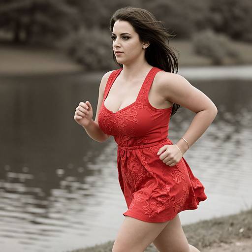 Photograph of a fit, fair-skinned woman with long black hair, wearing a red, floral-patterned dress, running by a serene lake.