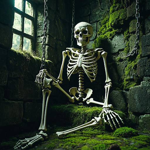 Skeleton Chained in Mossy Ancient Dungeon