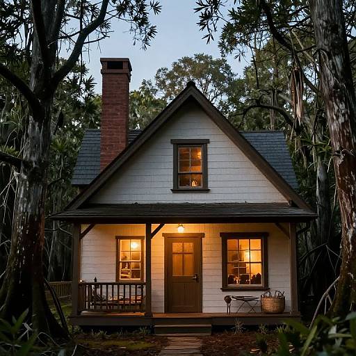 Photograph of a small, white, A-frame cottage with a red brick chimney, warmly lit windows, and a wooden porch, surrounded by tall,