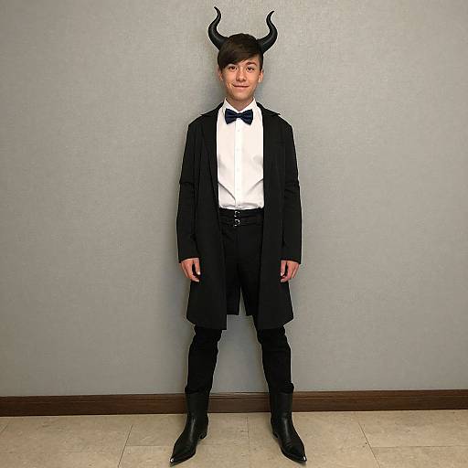 Photograph of a young boy in black tuxedo, bow tie, white shirt, black horns headpiece, standing against gray wall, beige tiled