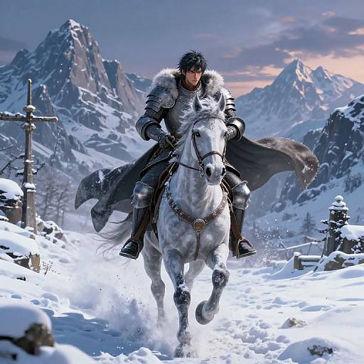 Digital art: Medieval warrior in silver armor with fur-trimmed cloak rides a white horse through snowy mountain landscape, with a sunset sky. Crumbling