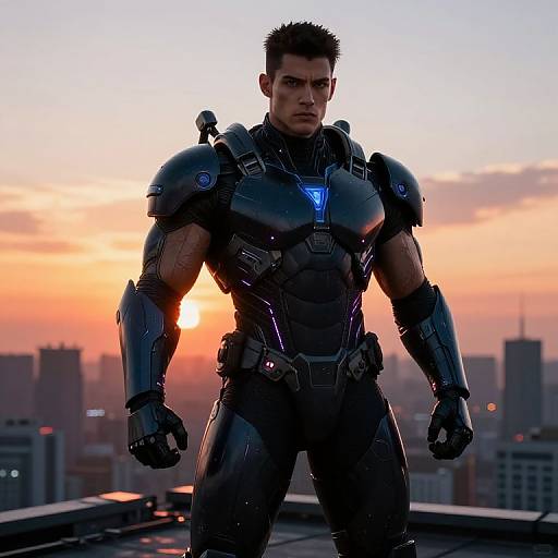 Photograph of a muscular man in dark, glowing, futuristic armor standing on a rooftop at sunset, with a city skyline in the background.