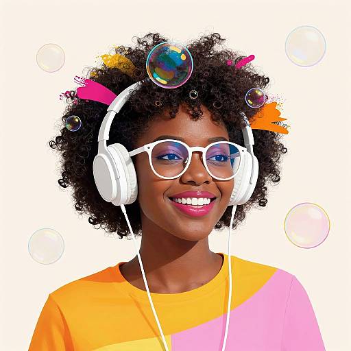 Photograph of a smiling Black woman with curly hair, white headphones, round glasses, and colorful shirt, with bubbles floating around her head.
