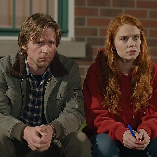 Concerned Man and Woman Sitting Outdoors at Night