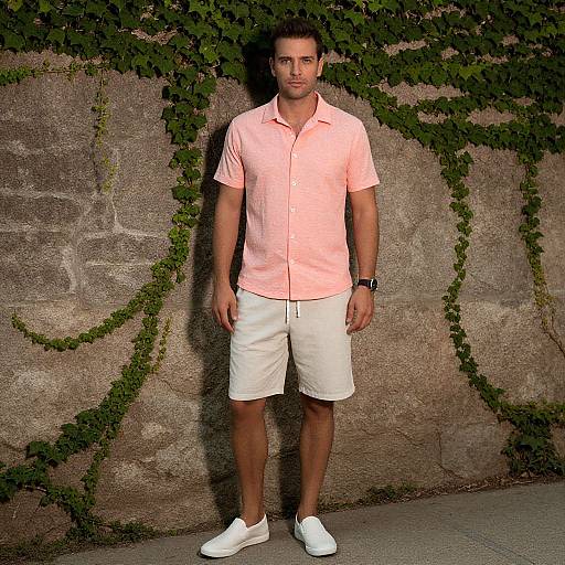 Photograph of a young man with short dark hair, wearing a pink checkered shirt, white shorts, and white sneakers, standing against a textured stone