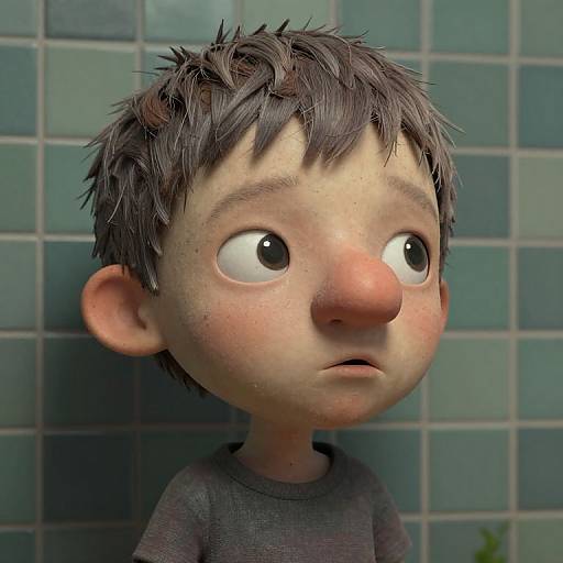 CGI image of a wide-eyed, nervous young boy with messy dark brown hair, fair skin, and a gray shirt, standing against a teal-t