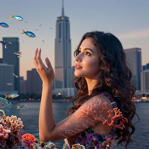 Photograph-style digital art: Beautiful woman with long, wavy dark hair, wearing colorful floral dress, touches blue fish near coral reef, with city