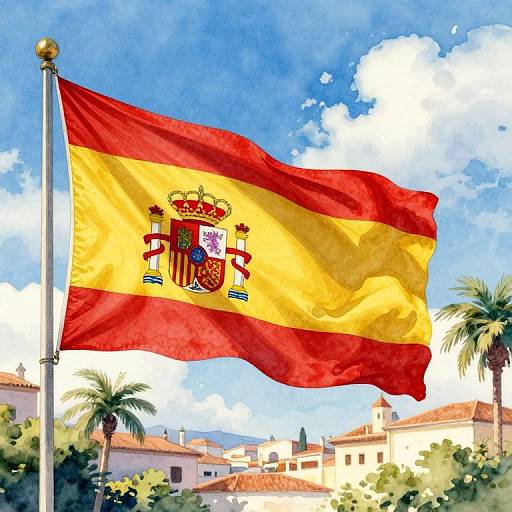 Watercolor-style image of the Spanish flag with red, yellow, and royal coat of arms, waving in a sunny, blue-sky town. Palm
