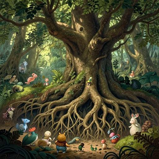 Whimsical forest scene: children and fantastical creatures (fairy, mushrooms, rabbits) around a giant, sunlit tree with sprawling roots.