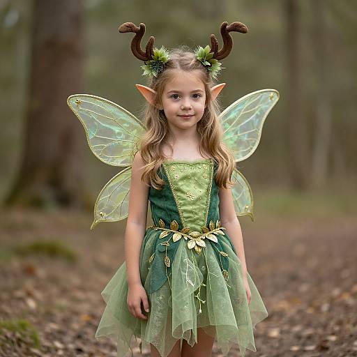 Photograph of a young girl with elf-like ears, green fairy dress, translucent wings, and antler headpiece standing in a forest.