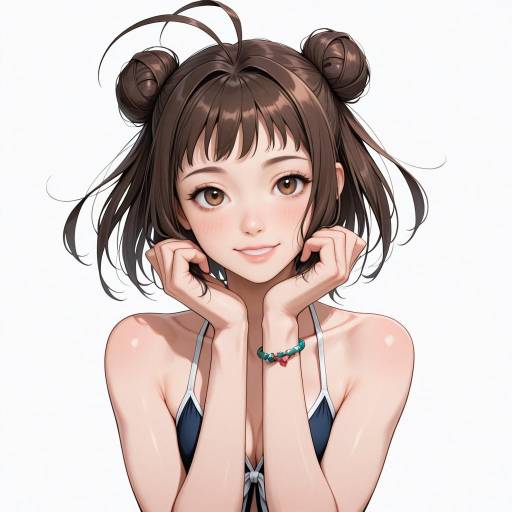 Cheerful Swimsuit Girl with Buns
