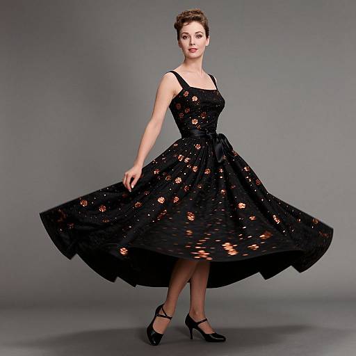 Photograph of a woman in a black, full-skirted, lace-patterned dress, black heels, and short brown hair, standing against a